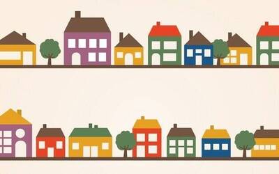 Raffigurazione di un insieme di case colorate di diverse dimensioni, disposte su due righe parallele