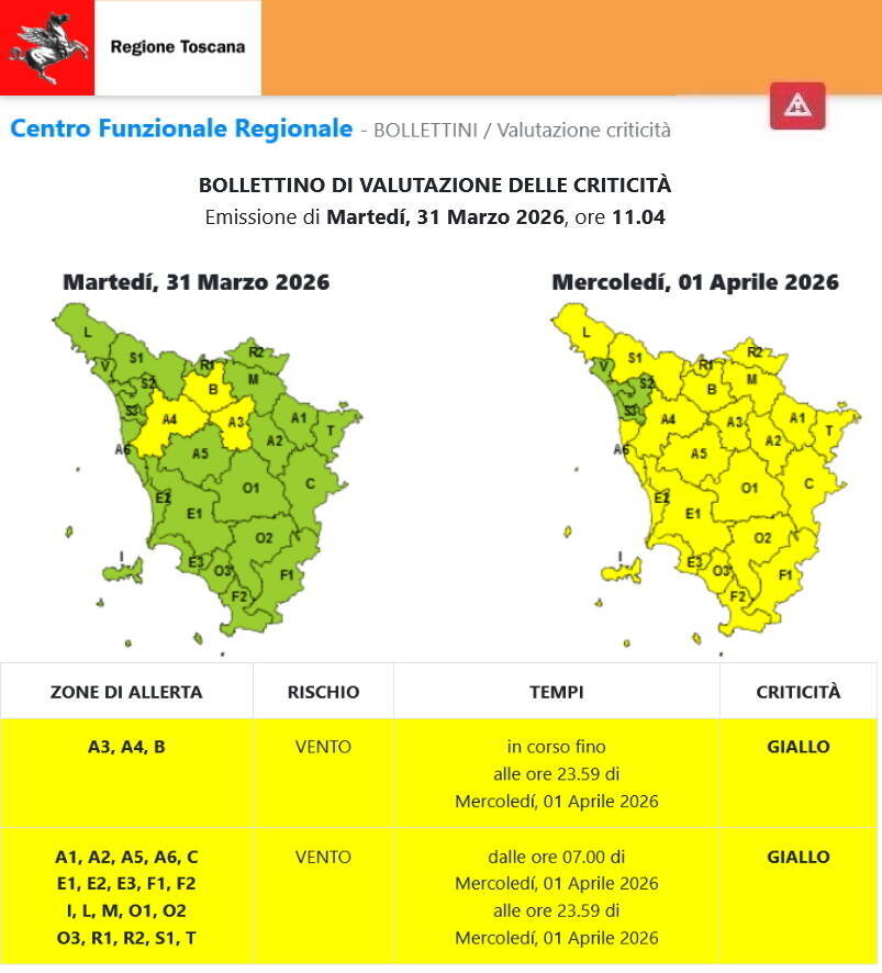 cartina dettaglio zone allerta meteo toscana, versione testuale su www.cfrtoscana.it