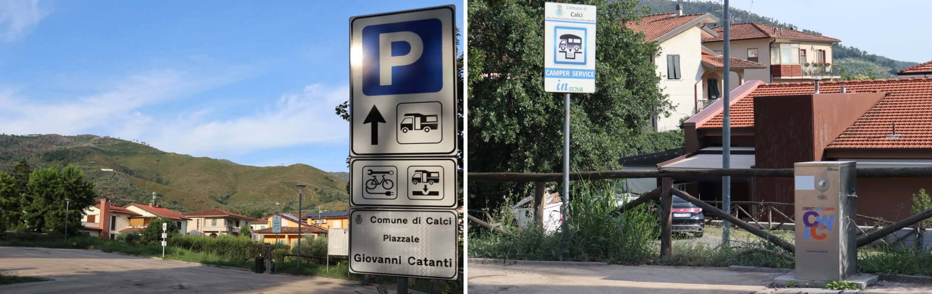 Segnale di parcheggio dell'area camper nel Piazzale Giovanni Catanti a Calci con monti pisani sullo sfondo