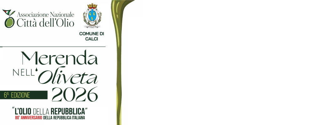 testo in verde su sfondo bianco "merenda nell'oliveta 2026" con loghi Città dell'olio e Comune di Calci