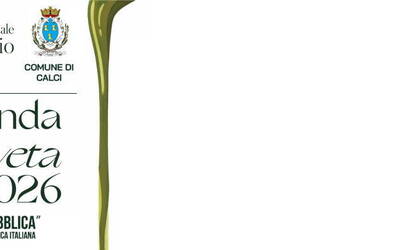 testo in verde su sfondo bianco "merenda nell'oliveta 2026" con loghi Città dell'olio e Comune di Calci