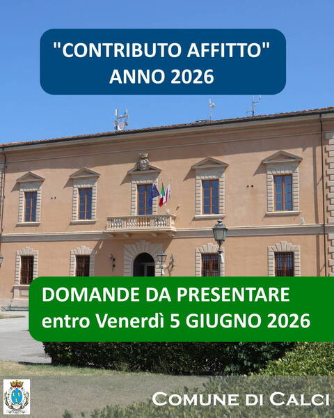 testo "contributo affitto 2026" su sfondo foto palazzo comunale di Calci