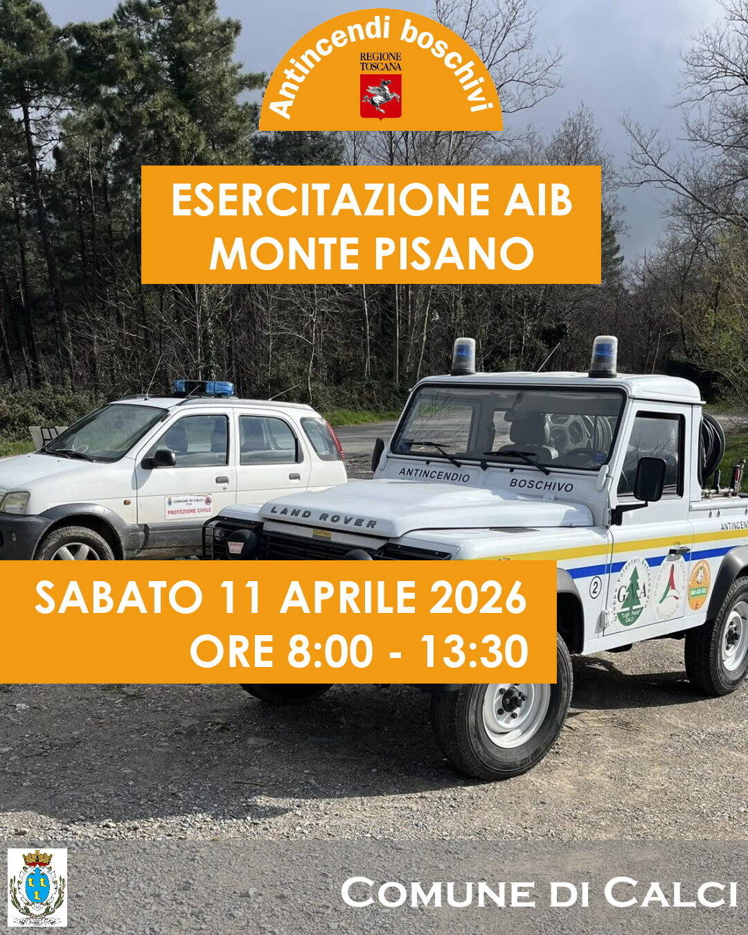 avviso esercitazione antincendio con logo "organizzazione antincendio regione toscana" e sullo sfondo mezzi gva calci