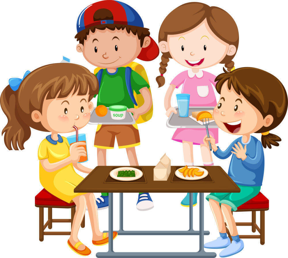 Illustrazione di bambini che mangiano il pranzo attorno a un tavolo, in atmosfera gioiosa e vivace. 