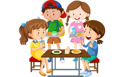 Illustrazione di bambini che mangiano il pranzo attorno a un tavolo, in atmosfera gioiosa e vivace. 