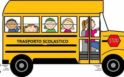 Illustrazione di un autobus giallo per il trasporto scolastico con bambini sorridenti seduti ai finestrini.