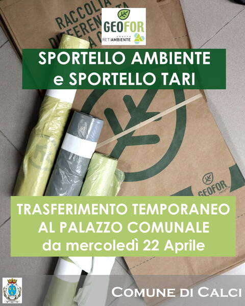 sullo sfondo foto sacchetti geofor, in evidenza testi di avviso variazione sede sportelli e loghi geofor e comune