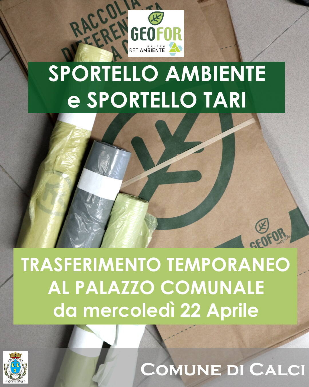 sullo sfondo foto sacchetti geofor, in evidenza testi di avviso variazione sede sportelli e loghi geofor e comune