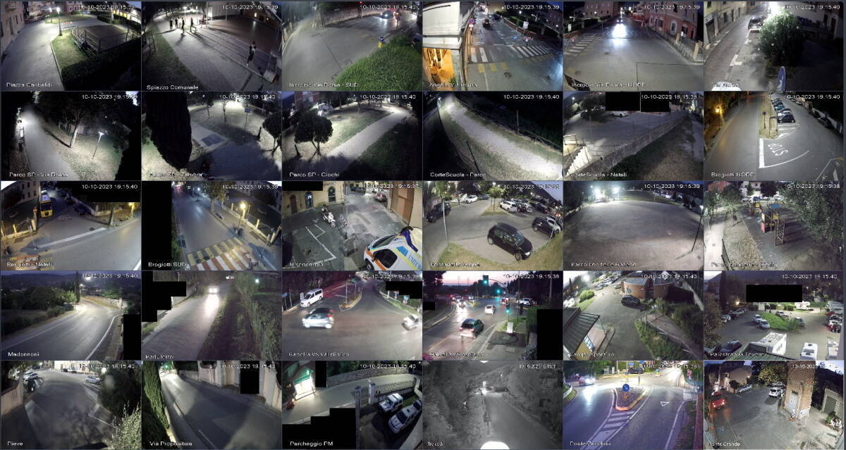 Mosaico delle varie vedute, in notturna, delle videocamere di sorveglianza cittadine